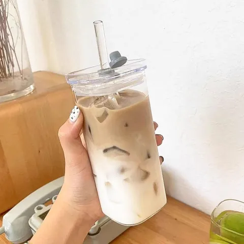 Transparent Glass Water Cup Square Minimalist Coffee Mug With Straw And Lid Heat Resistant High Borosilicate Glass Drinkware