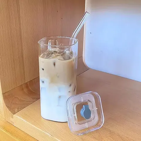 Transparent Glass Water Cup Square Minimalist Coffee Mug With Straw And Lid Heat Resistant High Borosilicate Glass Drinkware
