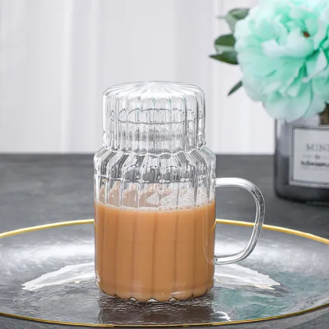 Heat Resistant High Borosilicate Glass Cup With Handle And Lid Ribbed Striped Clear Mug For Tea Coffee Milk Office Home