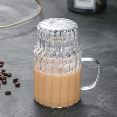 Heat Resistant High Borosilicate Glass Cup With Handle And Lid Ribbed Striped Clear Mug For Tea Coffee Milk Office Home