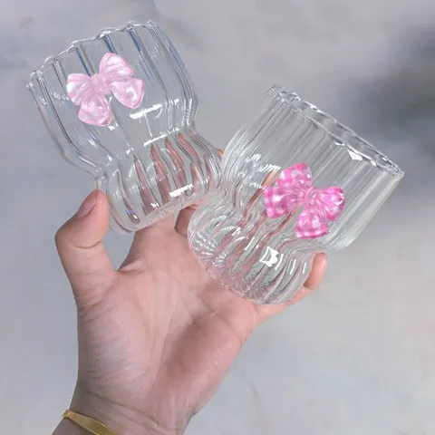 Striped Wave Glass Cup With Bow And Glass Straw Heat Resistant Creative Clear Mug For Water Juice Milk Girl Gift