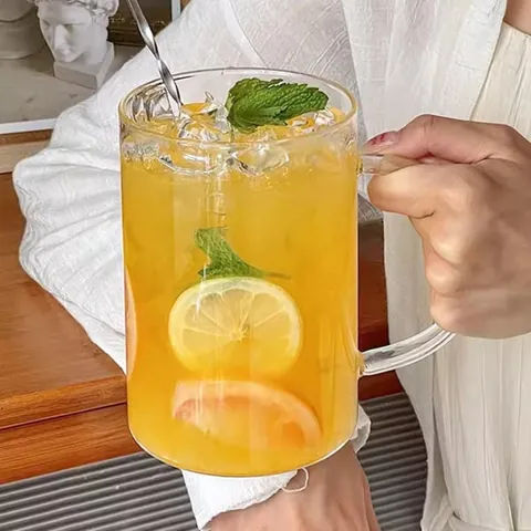 Large Capacity Borosilicate Glass Cup With Handle Clear Fruit Tea Cup For Juice Bubble Water Cold Drink Restaurant Home Glassware