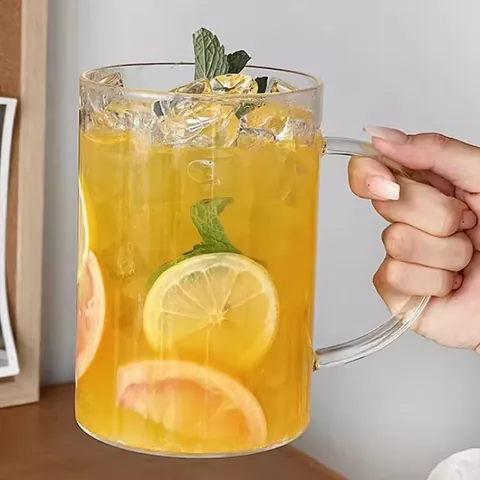 Large Capacity Borosilicate Glass Cup With Handle Clear Fruit Tea Cup For Juice Bubble Water Cold Drink Restaurant Home Glassware
