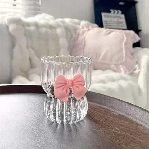 Cute Bow Knot Borosilicate Glass Cup Vertical Stripe Heat Resistant Coffee Cup Ruffle Rim Drinking Water Glass Women Gift