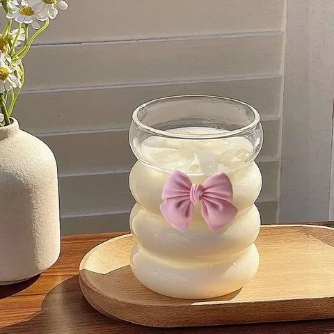 Tazza in Vetro Con Texture a Onde e Fiocco Rosa Vetro Borosilicato Resistente al Calore Trasparente per Latte Caffè Stile INS Tazza Acqua