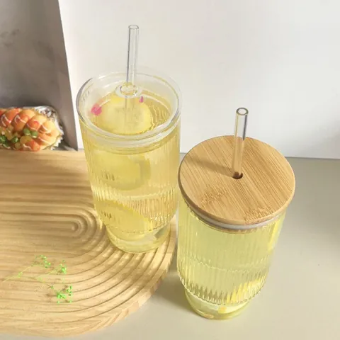 Ribbed Glass Cup With Bamboo Lid And Glass Straw High Borosilicate Heat Resistant Tumbler For Iced Coffee Fruit Tea