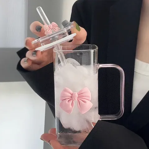 Bouteille d'Eau en Verre Borosilicaté Avec Nœud Rose Poignée Couvercle Paille Carré Clair Verre Pour Femmes Bureau Quotidien