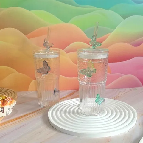 Butterfly Borosilicate Glass Straw Cup With Lid 3D Aesthetic Hammered Texture Fruit Tea Mug For Women Home Coffee Cup