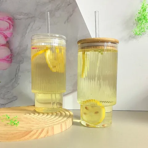 Ribbed Glass Cup With Bamboo Lid And Glass Straw High Borosilicate Heat Resistant Tumbler For Iced Coffee Fruit Tea