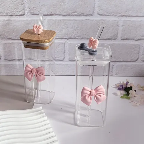 Vierkante Glazen Waterbeker Met Glazen Rietje En Roze Strik Decoratie 400ml Borosilicaatglas Beker Voor Koffie Melk Sap Vrouwen