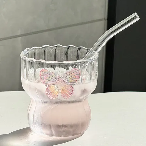 Creative Butterfly Ribbed Borosilicate Glass Coffee Cup With Wavy Rim Ins Style Cold Brew Milk Tea Cup For Women Gift