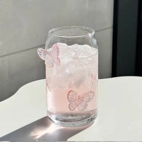Borosilicaat Glazen Beker Roze 3D Vlinder Decor Blikvorm Drinkbeker Hittebestendige Glazen Beker Voor Dames