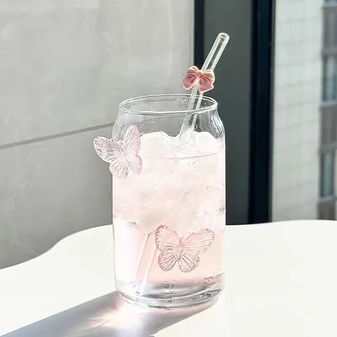 Borosilicaat Glazen Beker Roze 3D Vlinder Decor Blikvorm Drinkbeker Hittebestendige Glazen Beker Voor Dames