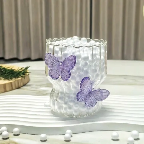 Creatieve 3D Vlinder Glazen Beker Esthetische Bloemblad Rand Hittebestendige Doorzichtige Koffiemok Voor Melk Thee Cadeau Vrouw