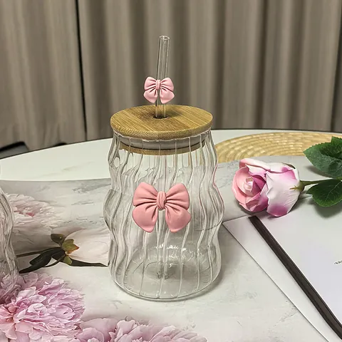 Ins Style Ποτήρι Σύννεφο Με Φιόγκο Με Καπάκι Μπαμπού Και Καλαμάκι Ανθεκτικό στη Θερμότητα Ποτήρι Καφέ για Γυναίκες