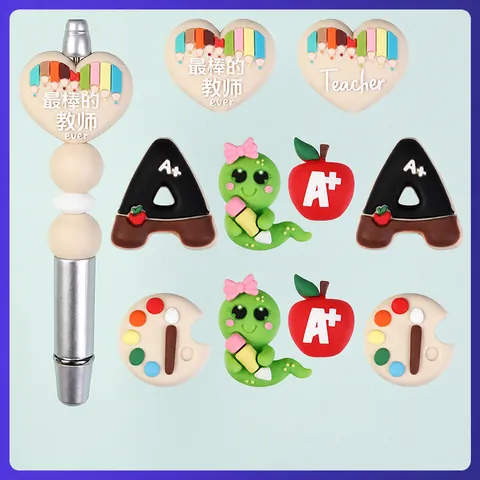 3D Silicone Beads Cartoon Teacher Theme DIY Jewelry Making Focal Beads Silicone Apple Palette Pencil Heart Beads For Pen Lanyard Keychain