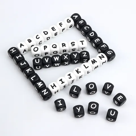 Perles Alphabet en Silicone 12mm Cube Carré Perles de Lettres A-Z pour DIY Collier Bracelet Attache Tétine Qualité Alimentaire