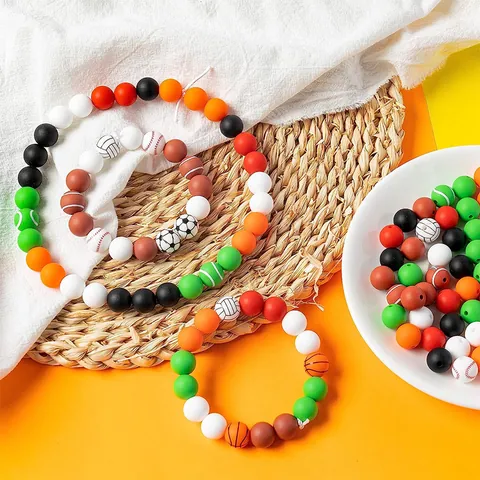 15mm Sports Silicone Beads For DIY Jewelry Making Football Basketball Baseball Rugby Tennis Volleyball Food Grade Beads