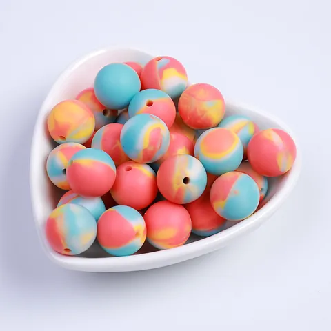 Perles en Silicone Marbré pour la Création de Bijoux DIY Perles en Vrac Rondes Coeur Tie Dye Perles d'Espacement en Silicone pour Bracelet Collier