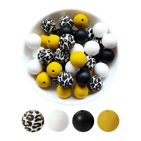 15mm Round Food Grade Silicone Beads Set For DIY Pacifier Clips Jewelry Making Leopard Print Floral Pattern Silicone Beads