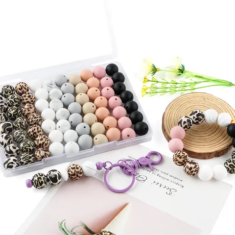 Perles en Silicone Pour Création de Bijoux DIY Perles en Vrac Rondes Motifs Léopard Marbre Fleurs Tournesol Pour Bracelet Porte-clés Accessoires d'artisanat