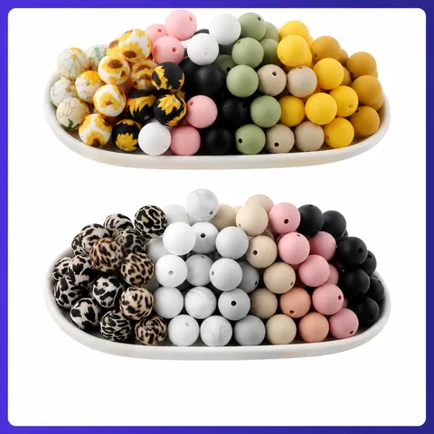 Silicone Beads For DIY Jewelry Making Round Loose Beads Leopard Marble Floral Sunflower Patterns For Bracelet Keychain Crafts Accessories
