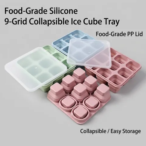Vaschetta per Ghiaccio Pieghevole in Silicone Con Coperchio 9 Griglie Stampo Quadrato Facile Estrazione Qualità Alimentare Cucina