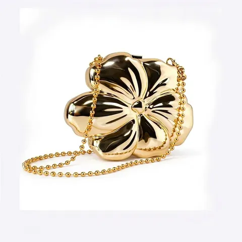Pochette De Soirée Fleurie En Or Métallique Avec Bandoulière Chaîne Design Floral Pour Femmes Mariage Fête Dîner Luxe