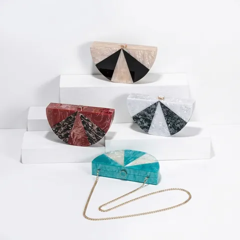 Semi Circle Acrylic Evening Clutch Bag Marble Pattern Geometric Patchwork Gold Chain Shoulder Handbag For Women Wedding Party