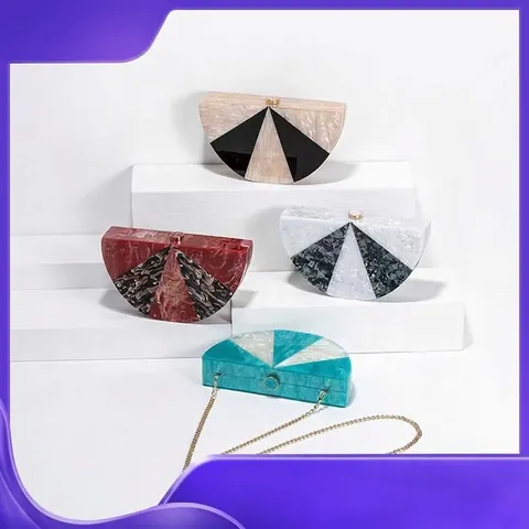 Halbrunde Acryl Abendtasche Clutch Marmormuster Geometrisches Patchwork Goldene Kette Schultertasche Damen Hochzeit Party
