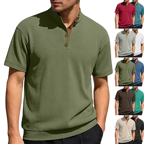 Men Short Sleeve Corduroy Polo Shirt Stand Collar Ribbed Knit Casual Solid Color Retro Henley Pullover Top