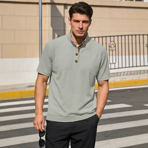 Men Short Sleeve Corduroy Polo Shirt Stand Collar Ribbed Knit Casual Solid Color Retro Henley Pullover Top