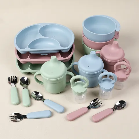 Silicone Baby Tableware Feeding Divided Plate Suction Bowl Sippy Cup Stainless Steel Fork Spoon Fruit Feeder BPA Free