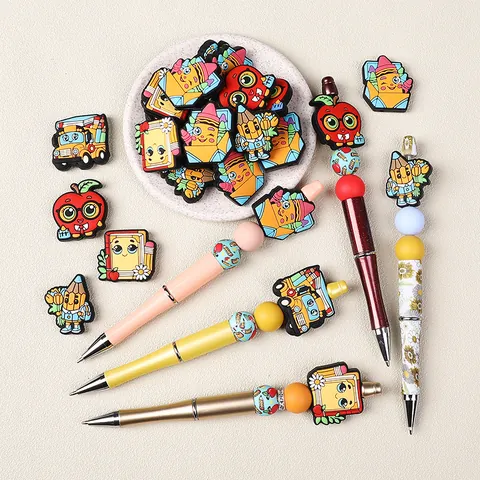 Cartoon Back To School Silicone Beads For Jewelry Making Food Grade Teething Beads Pencil School Bus Apple DIY Pacifier Chain Accessories
