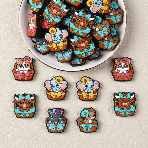 Cartoon Animal Basket Silicone Beads Food Grade BPA Free For DIY Jewelry Making Beadable Pens Baby Teething Highland Cow Elephant Hippo Cat Beads
