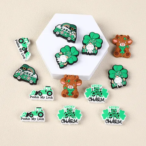 St. Patrick's Day Silikonperlen Für DIY Schmuckherstellung Glücksbringer Kleeblatt Gnom Kuh PVC Schuhanhänger Strohhalm Deko