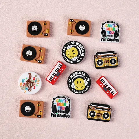 Music Theme Food Grade Silicone Beads For DIY Pen Jewelry Making Retro Radio Record Player Piano Keyboard Smiley Face Beads For Kids DIY Accessories