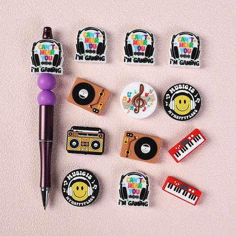 Music Theme Food Grade Silicone Beads For DIY Pen Jewelry Making Retro Radio Record Player Piano Keyboard Smiley Face Beads For Kids DIY Accessories