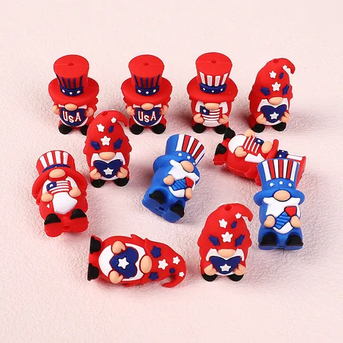 USA Independence Day Gnome Silicone Beads For DIY Jewelry Making Bracelet Necklace Accessories Patriotic 4th Of July Gnome Silicone Focal Beads