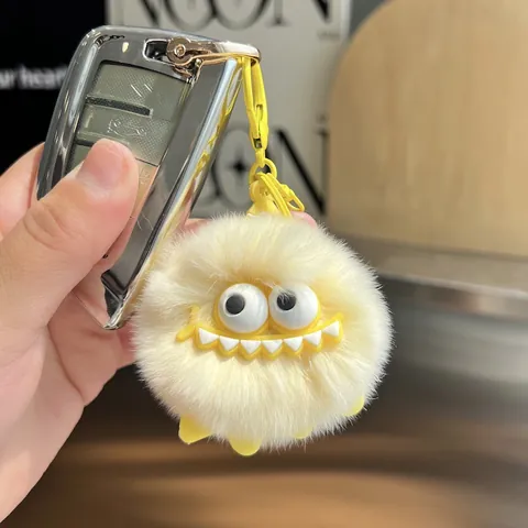 Cute Monster Plush Keychain Real Rex Rabbit Fur Coal Ball Bag Pendant For Women Kids Car Key Ring Cartoon Charm Accessory