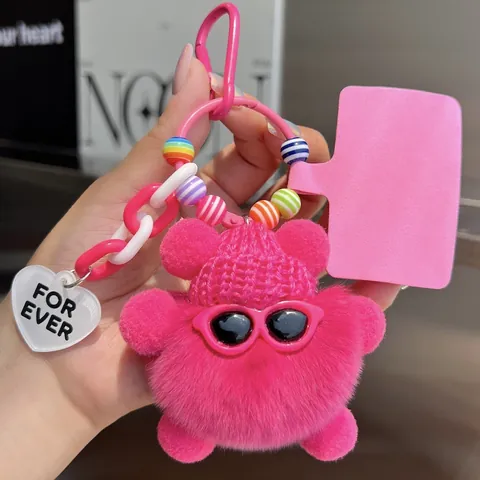 Cute Rabbit Fur Soot Sprite Keychain With Sunglasses Knit Hat Heart Charm Colorful Beads Plush Ball Bag Pendant For Women Girls