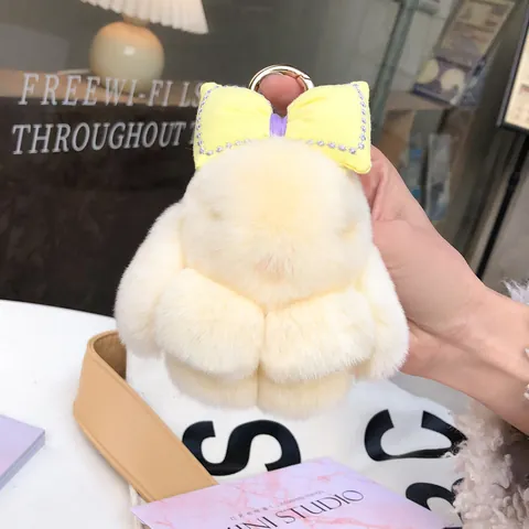 Schattige Sleutelhanger Van Echt Rex Konijnenbont Met Strik Pluche Konijn Pop Tas Charm Auto Sleutelring Cadeau Vrouwen