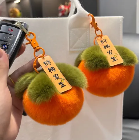 Simpatico Portachiavi Cachi in Peluche Pelliccia di Coniglio Rex Artificiale Ciondolo Borsa a Forma di Frutta Con Portafortuna per Auto Zaino Chiavi Regalo Donna