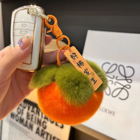 Simpatico Portachiavi Cachi in Peluche Pelliccia di Coniglio Rex Artificiale Ciondolo Borsa a Forma di Frutta Con Portafortuna per Auto Zaino Chiavi Regalo Donna
