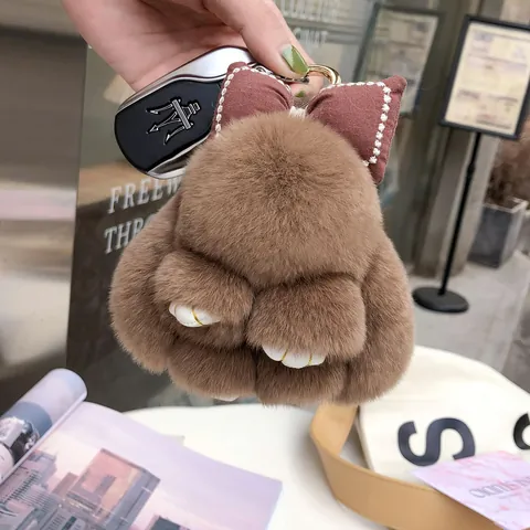 Cute Plush Bunny Keychain With Bowknot Soft Rex Rabbit Fur Bag Pendant Car Keyring For Women Girls Decorative Charm Gift