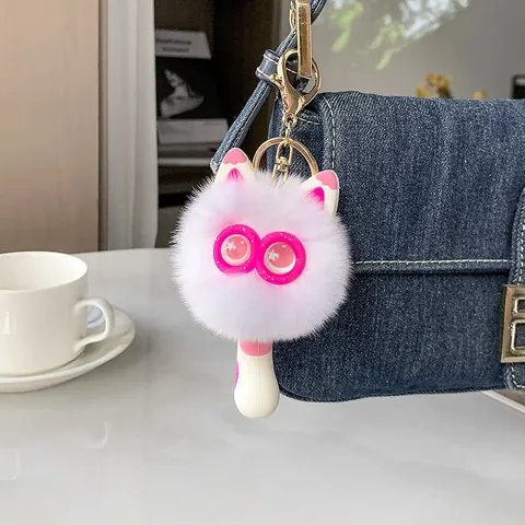 Cute Cat Plush Keychain Rex Rabbit Fur Pompom Bag Charm For Women Girls Big Eyes Star Animal Key Ring Gift Accessory