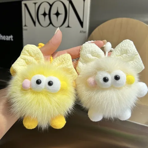 Simpatico Portachiavi a Forma di Palla di Peluche in Vera Pelliccia di Volpe con Fiocco e Occhi Grandi Ciondolo per Borsa Regalo Donna