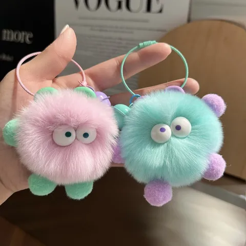 Cute Faux Rabbit Fur Monster Plush Keychain Pendant With Bell For Women Kids Backpack Bag Charm Car Key Accessory Gift