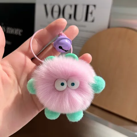 Cute Faux Rabbit Fur Monster Plush Keychain Pendant With Bell For Women Kids Backpack Bag Charm Car Key Accessory Gift