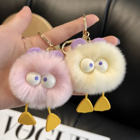 Cute Faux Fur Duck Plush Keychain Big Eyes Monster Bag Pendant Hanging Ornament Alloy Gold Hook Gift Women Kids